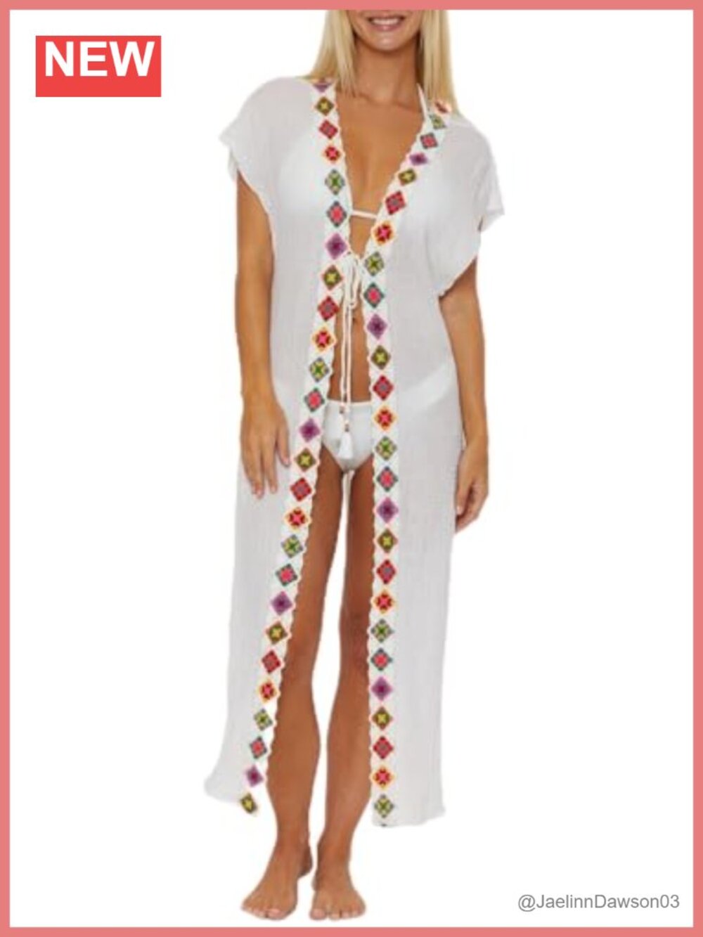 100% Cotton Crochet Tie Front Kimono Plunge V-Neck Swim Coverup